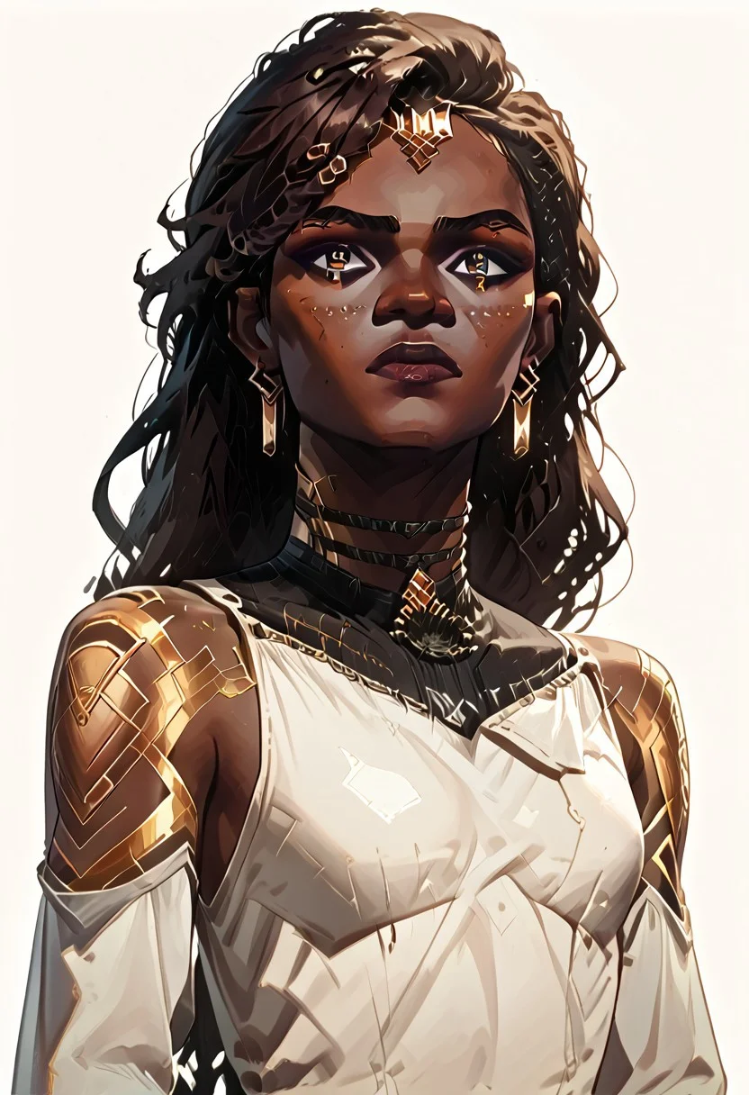 score_9, score_8_up, score_8_up, solo focus, solo, female focus, ArcaneEyesV1, brown hair, dark hair
BREAK 1girl, Mel_Medarda3OutfitsV1, dark skin, dredlocks, very dark skin, earrings, long hair, jewelry, tattoo, MelS1_hair, MelS1_gold_tattoo, MelS1_outfit, dress, white dress