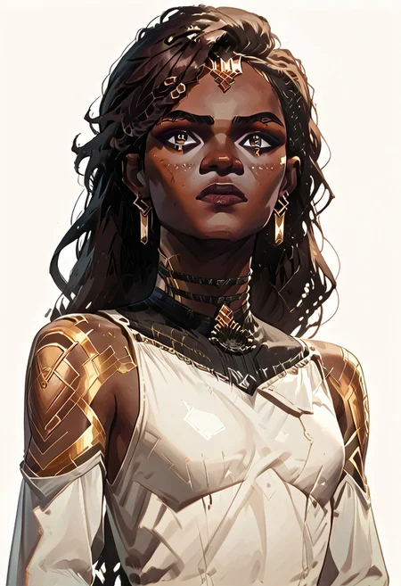 score_9, score_8_up, score_8_up, solo focus, solo, female focus, ArcaneEyesV1, brown hair, dark hair
BREAK 1girl, Mel_Medarda3OutfitsV1, dark skin, dredlocks, very dark skin, earrings, long hair, jewelry, tattoo, MelS1_hair, MelS1_gold_tattoo, MelS1_outfit, dress, white dress