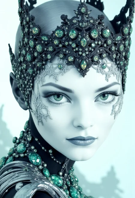 A highly stylized, hyper-realistic portrait of a pale-skinned chrome texture woman with an emotionless, stoic expression as she gazes intensely into the viewer’s eyes. Atop her head rests a symmetrical crown of sleek black metal, adorned with vibrant green diamonds arranged in a flawless, geometric pattern. The crown gleams under soft, focused light, casting vivid reflections that accentuate the sharp, sculpted angles of her face.
Around her neck lies a matching black jewel necklace, encrusted with emerald-green diamonds that shimmer boldly against her porcelain skin, their vivid color creating a stunning visual contrast. A delicate face ornament, known as the 'emerald cascade,' drapes across her face in fine black chains, each adorned with tiny, radiant green diamonds.
The chains trace symmetrical lines over her forehead and cheeks, enhancing the contours of her face while adding an aura of regal mystery. The interplay of soft lighting and high-contrast shadows creates a surreal glow around her, highlighting the opulence of the jewels and the unwavering intensity of her gaze.
