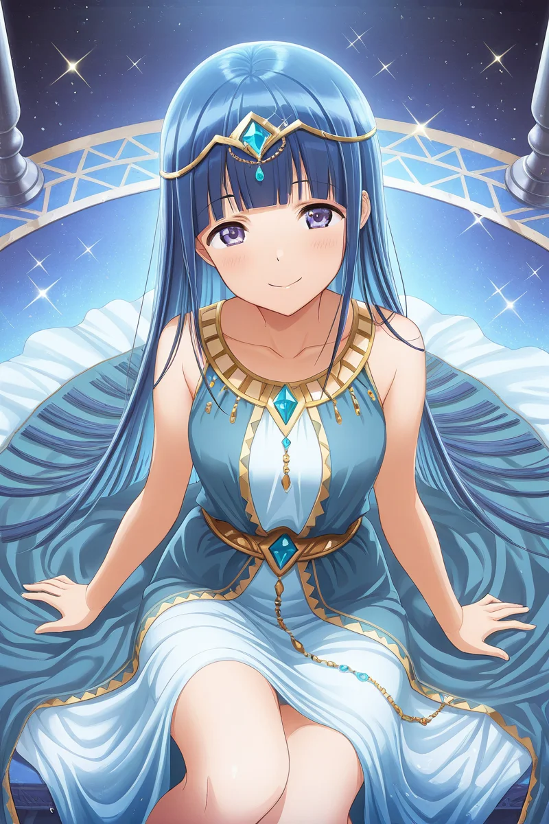 masterpiece, best quality, amazing quality,
<lora:Mahiru_IL:1> mahiru, 1girl, solo, long hair, smile, sitting, looking at viewer, sparkle, dress, blue hair, bangs, circlet, blunt bangs, sleeveless, collarbone, straight hair