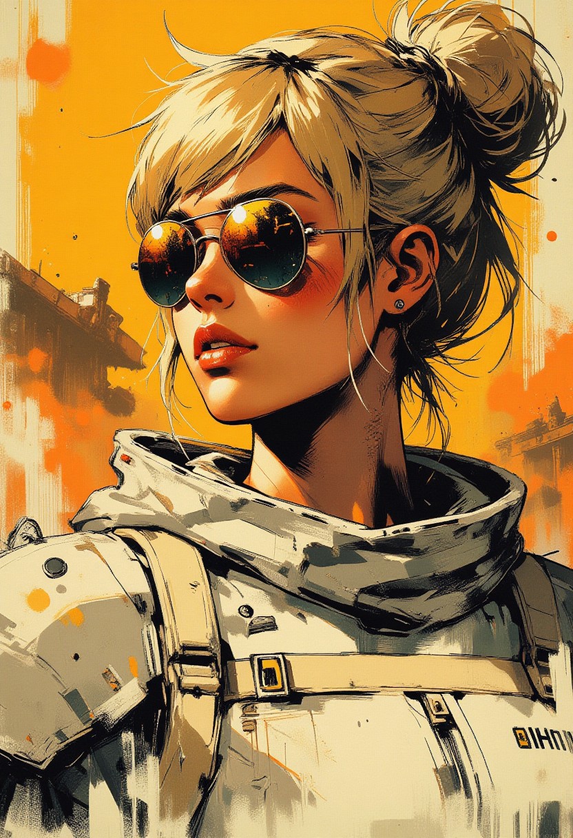 in the style of ck-mgs, nistyle, Special Ink-drawing mode, intricate linework with expressive contrasts, Mh1$AgThS2, Inkplash art on rice paper, sepia, henna , Silhouette Art, magnificent, inksplash closeup portrait of stunning japanese femlae sci-fi soldier, blonde hair, mirrorred aviator sunglasses reflecting a dusty arid landscape, white power armour