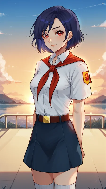 score_9, score_8_up, score_7_up,
best quality, masterpiece, ultra detailed,
<lora:Expressive_H:1>, light smile blush,
looking at viewer,
<lora:Everlasting_Summer_Kristina_V2_by_GraffMetal:1>, kristina, short hair, blue hair, black hair, eyebrow piercing, red eyes, medium breasts,
black eyeliner cat eye,
white collared shirt, short sleeves, red neckerchief, neckerchief, belt, blue skirt, school outfit, high white socks,
amazing background, sunset, warm light, cozy, sky, clouds, outdoors, bokeh, blurry, blurry background,
<lora:Everlasting_Summer_Vanilla_Art_Style_by_GraffMetal:0.7>,
<lora:Everlasting_Summer_Vanilla_Backgrounds_by_GraffMetal:0.7>,