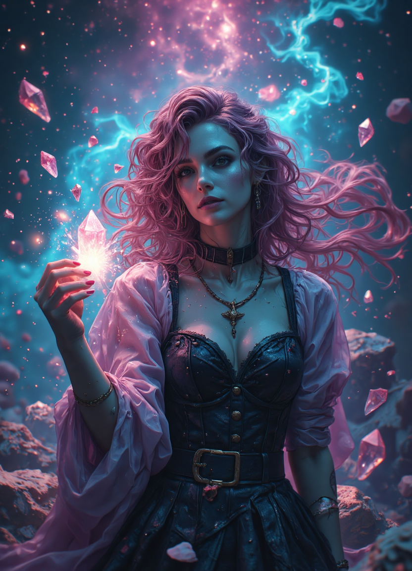 <lora:flux\aidmaMJ6.1-FLUX-v0.4:0.5>aidmaMJ6.1 DSLR RAW photo crystal mage woman, levitating crystals, shimmering light, magical aura, Glowing constellation patterns, pop art style,