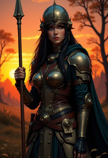 in the style of ckcc, Stunning asian woman (long hair, sidelocks, hair ornament, leather armour, helmet, spear, standing in a woodland clearing at sunset, detailed face