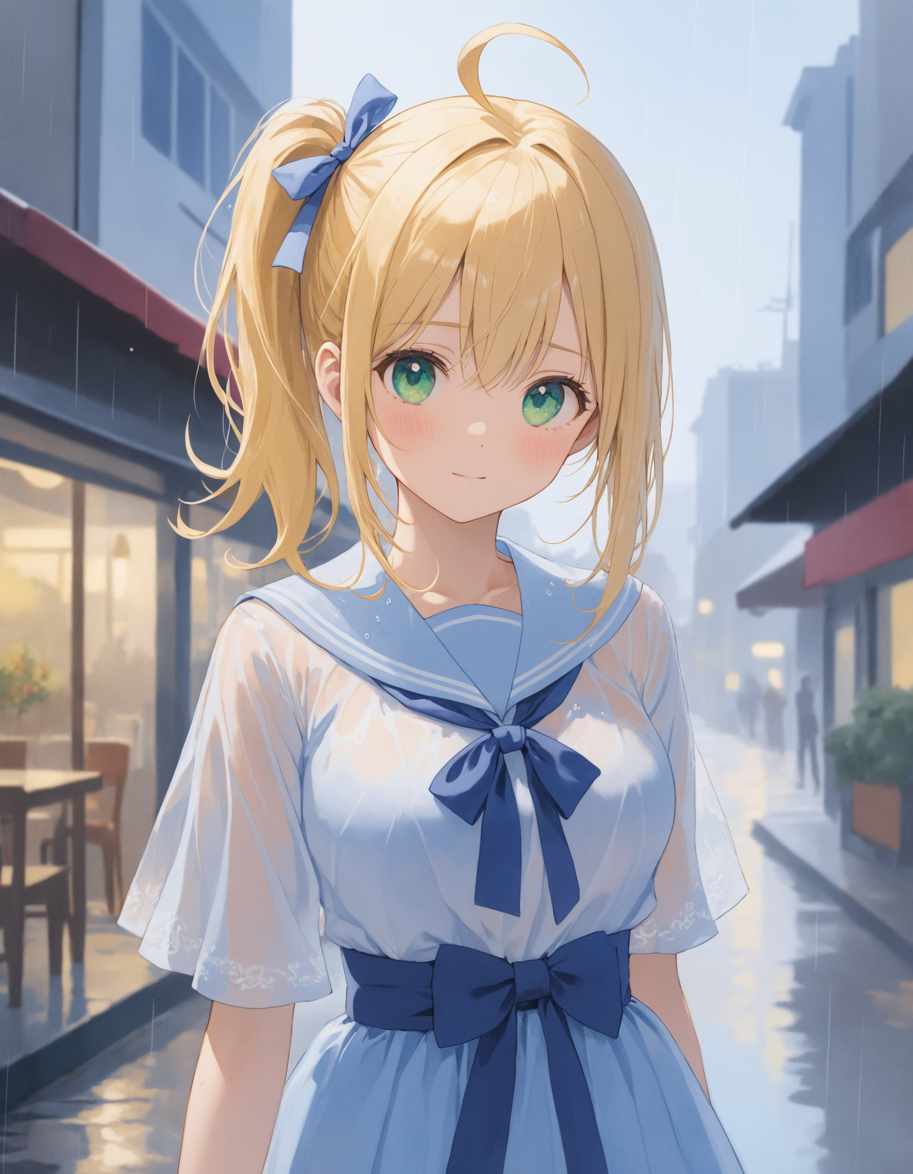 SceneOverview: A girl taking shelter from the rain.
SceneDescription:
  - Composition: Upper body shot. Cinematic angle.
  - Subject: A cute girl.
    - Characteristics:
      - Face: (Cute round face:1.2).
      - Eyes: Detailed green eyes.
      - Hair: Medium hair, (side ponytail:1.05), blonde hair, ahoge and hair between eyes.
      - Body: Detailed slender body. Large breasts.
      - Clothing: White blouse. Pale saxe-blue sailor collar with ribbon. Long flutter sleeves. Layered ruffled long skirt. Ribbon waist.
        - Elements: Wet hair. Wet body. Wet dress.
      - Expression: Embarrassed expression. Red cheek.
      - Posing: (Contrapposto:1.2). (Head tilt:1.1). Looking at viewer.
  - Background: Fashionable cafe street.
Time: Daytime.
Weather: Rain.
Condition: Rainy day.
Lighting: (Blue hour light:1.4).
ArtStyle: Watercolor. Traditional media. Blurry. Pale pastel colors.
Quality: Intricate details. Extremely detailed. Outstanding intricacies. (Masterpiece:1.2). (Best quality:1.2). (Absurdres absolutely resolution:1.4).
Mood: Pastel atmosphere.
<lora:flat_sdxl:0.2>