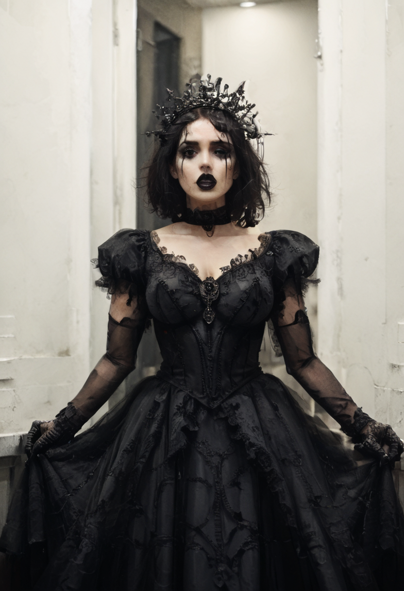 (score_9,score_8_up,score_7_up:1), 1girl, voyeur view, horror, darkness, internal glow, radiant skeleton, yandere, crazy eyes, goth, (black lipstick, black mascara, black eyeshadow), <lora:c0r0n4t10nXLP:1> c0r0n4t10n, black gloves, elbow gloves, black dress, lace, simple background, gown, tiara, crown, soft body, skeletal hair, intricate layered hairstyle, choker, eyeshadow)) (pearly white rough skin), large breasts, perky, <lora:breasts++-PD-swooping-1.0:1> swooping breasts , sitting on object, dive public toilet, (<lora:zavy-cntrst-sdxl:1> chiaroscuro, low-key, horror), <lora:magnetus:1>, <lora:add-detail-xl:1>, <lora:ALTXL_pony_0061_8:1.5>,