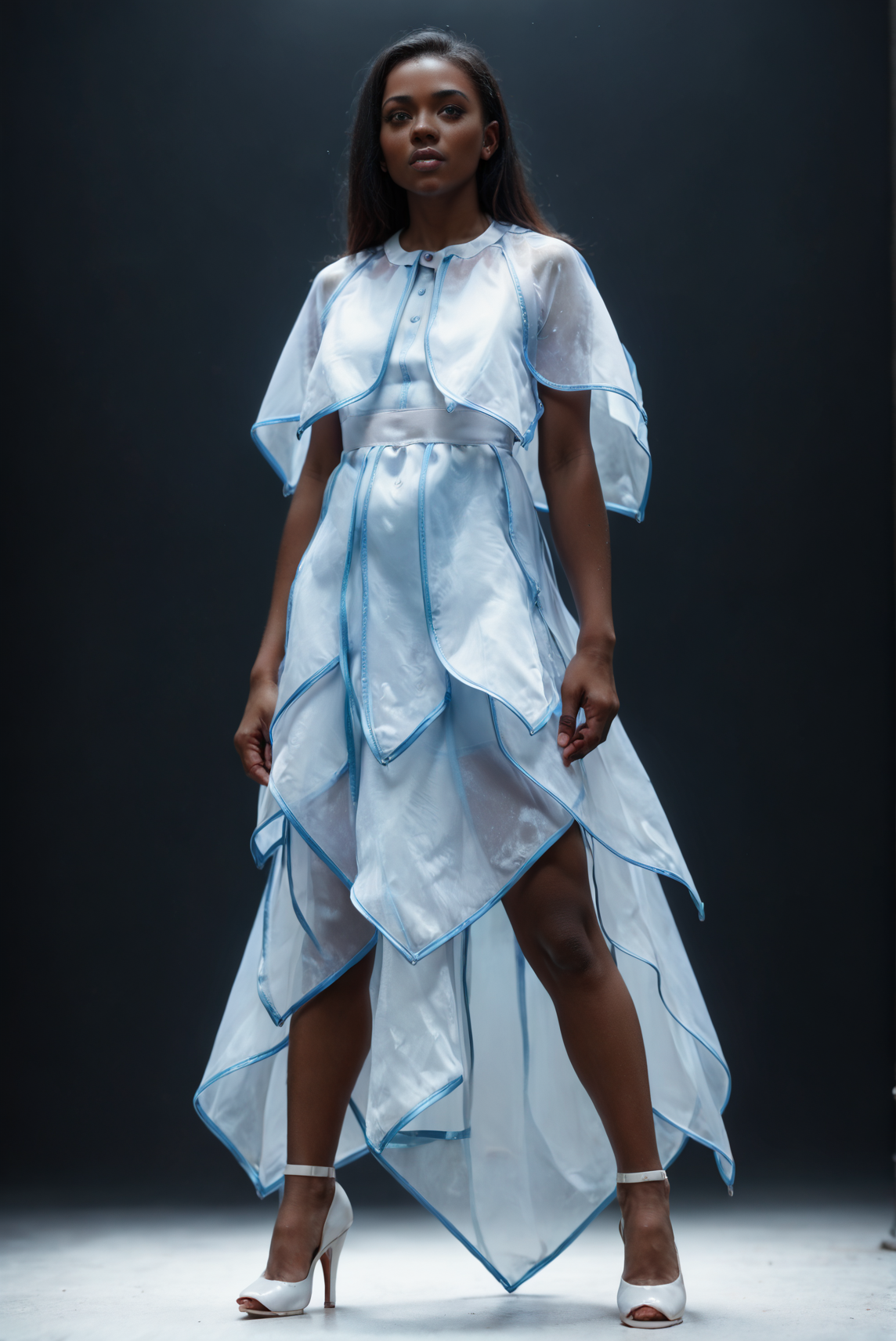 (embedding:Pony_PDXL_Negative_Embeddings\zPDXL2),dark background,1girl,full body,solo,white capelet,white dress,cowboy shot,blue capelet,blue dress,blue trim,arms_behind_back,(black hair:1.1),very-dark skin,brown eyes,looking at viewer,high heels<lora:MyTrainings\Test\Layered_Leaves_Dress_XL_Pony_ARZUMATA.safetensors:1>