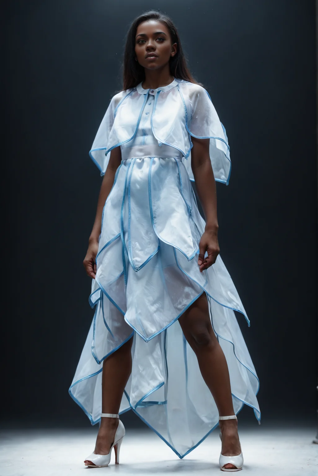 (embedding:Pony_PDXL_Negative_Embeddings\zPDXL2),dark background,1girl,full body,solo,white capelet,white dress,cowboy shot,blue capelet,blue dress,blue trim,arms_behind_back,(black hair:1.1),very-dark skin,brown eyes,looking at viewer,high heels<lora:MyTrainings\Test\Layered_Leaves_Dress_XL_Pony_ARZUMATA.safetensors:1>