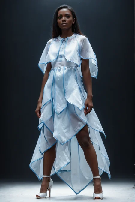 (embedding:Pony_PDXL_Negative_Embeddings\zPDXL2),dark background,1girl,full body,solo,white capelet,white dress,cowboy shot,blue capelet,blue dress,blue trim,arms_behind_back,(black hair:1.1),very-dark skin,brown eyes,looking at viewer,high heels<lora:MyTrainings\Test\Layered_Leaves_Dress_XL_Pony_ARZUMATA.safetensors:1>