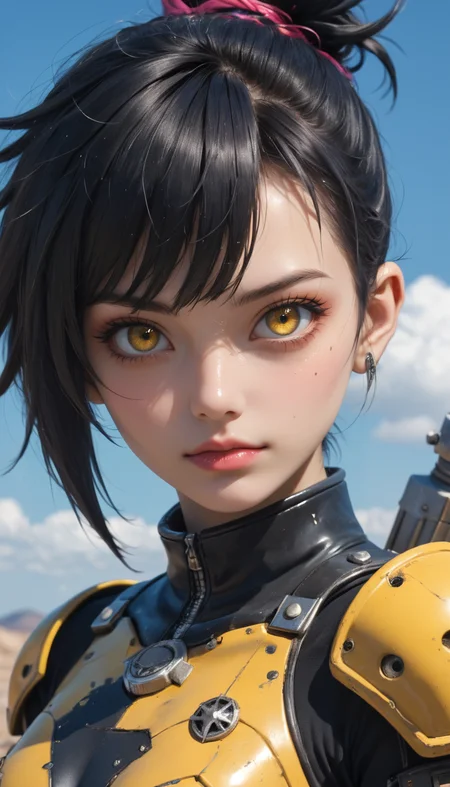 Cowboy Shot, adult space girl, knight girl, space punk, punk hair, stern, photo by Yoji Shinkawa and Tsutomu Nihei, black|yellow theme, battle worn armored, rubble background, depth of field, dynamic angle, fashion photography, sharp, hyperdetailed:1.15, 4n1v3rs3
