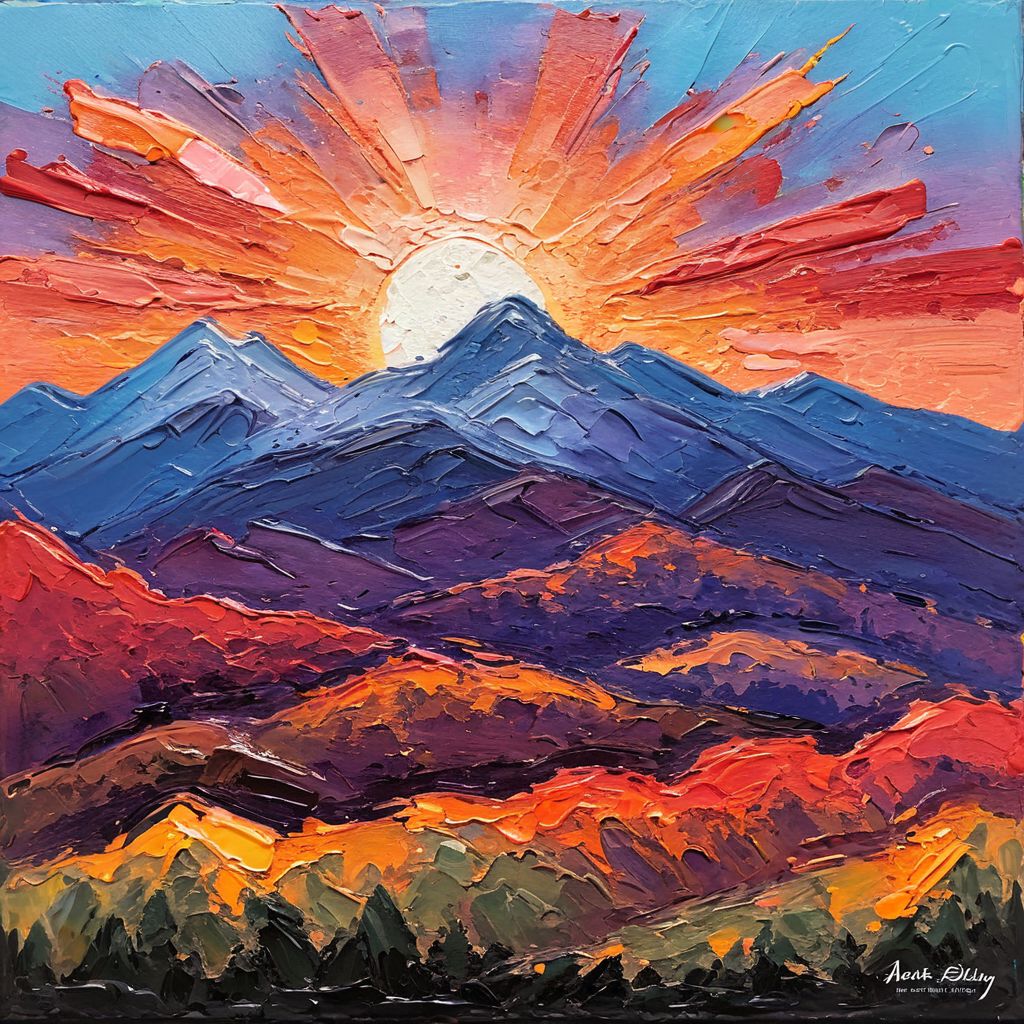 single impasto brushstroke, textured, mountain range, thick paint, palette knife, vibrant gradient sky, sunset colors, light and shadow interplay, tactile quality