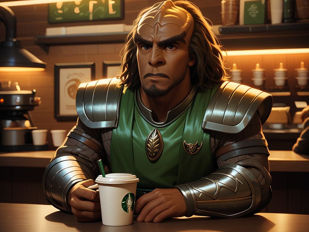 at a cafe drinking a latte <lora:Klingon_v2_pony:1> score_9,score_8_up,score_7_up,score_6_up,score_5_up,score_4_up , 1man, kling0n alien, large forehead ridges, brown skin, large eyebrows, wearing warrior armor,