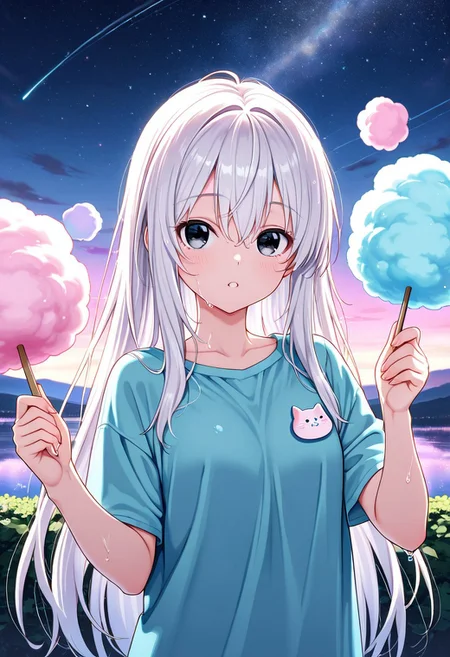 (masterpiece, 2.5D), (score_9, score_8_up, score_7_up,source_anime), (ultra-detailed,24K), best quality, CG, illustration,
cottoncandy, anime style,
animals cat, playing cotton candy, ultra-detailed background, fantasy, night sky, stars, floating cotton candy, white hair, long hair, full-up hair, wet hair, (ultra-detailed eyes), onyx eyes,
wear a clothes made of cotton candy,
