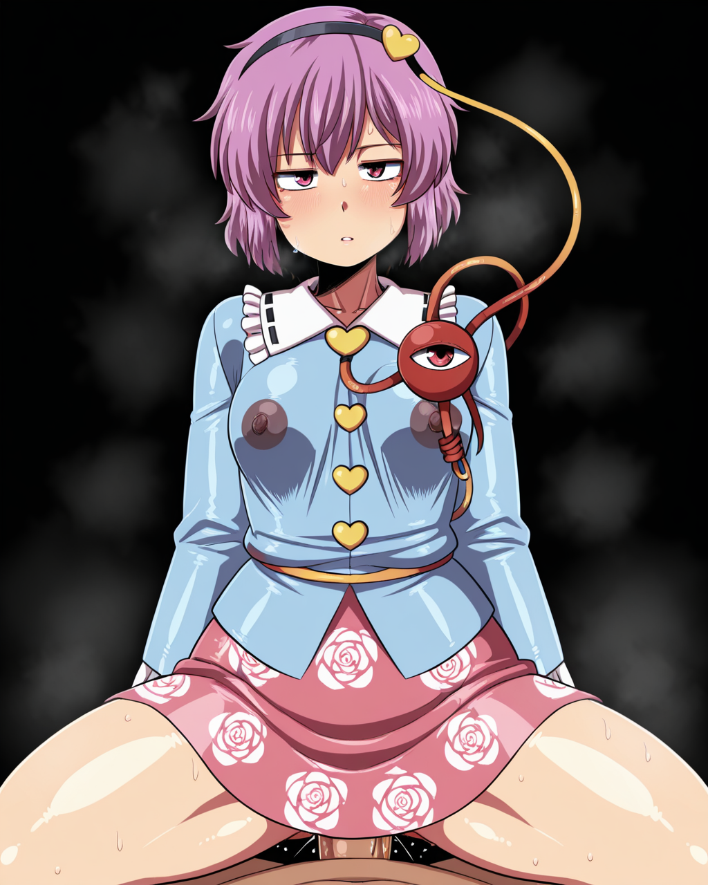 1girl, solo focus, komeiji satori,third eye,black hairband,heart hair ornament,pink hair,pink eyes,collared shirt,blue shirt,frilled shirt collar,long sleeves,wide sleeves,frills,floral print,rose print pink skirt,covered nipples,dark areolae, amazon \(taitaitaira\), curvy, cowgirl position, girl on top, sex, 1boy, pov, penis, steam, smell, steaming body, looking at viewer, cowboy shot, simple background, black background, masterpiece, best quality, very aesthetic, absurdres