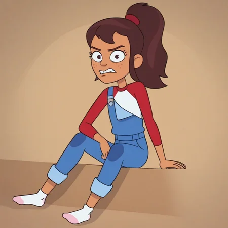 Hailey banks, full body, sitting, frustrated, red and white shirt, long sleeves, blue overalls, one shoulder strap, brown hair, ponytail, sidelocks, looking at viewer, white socks
