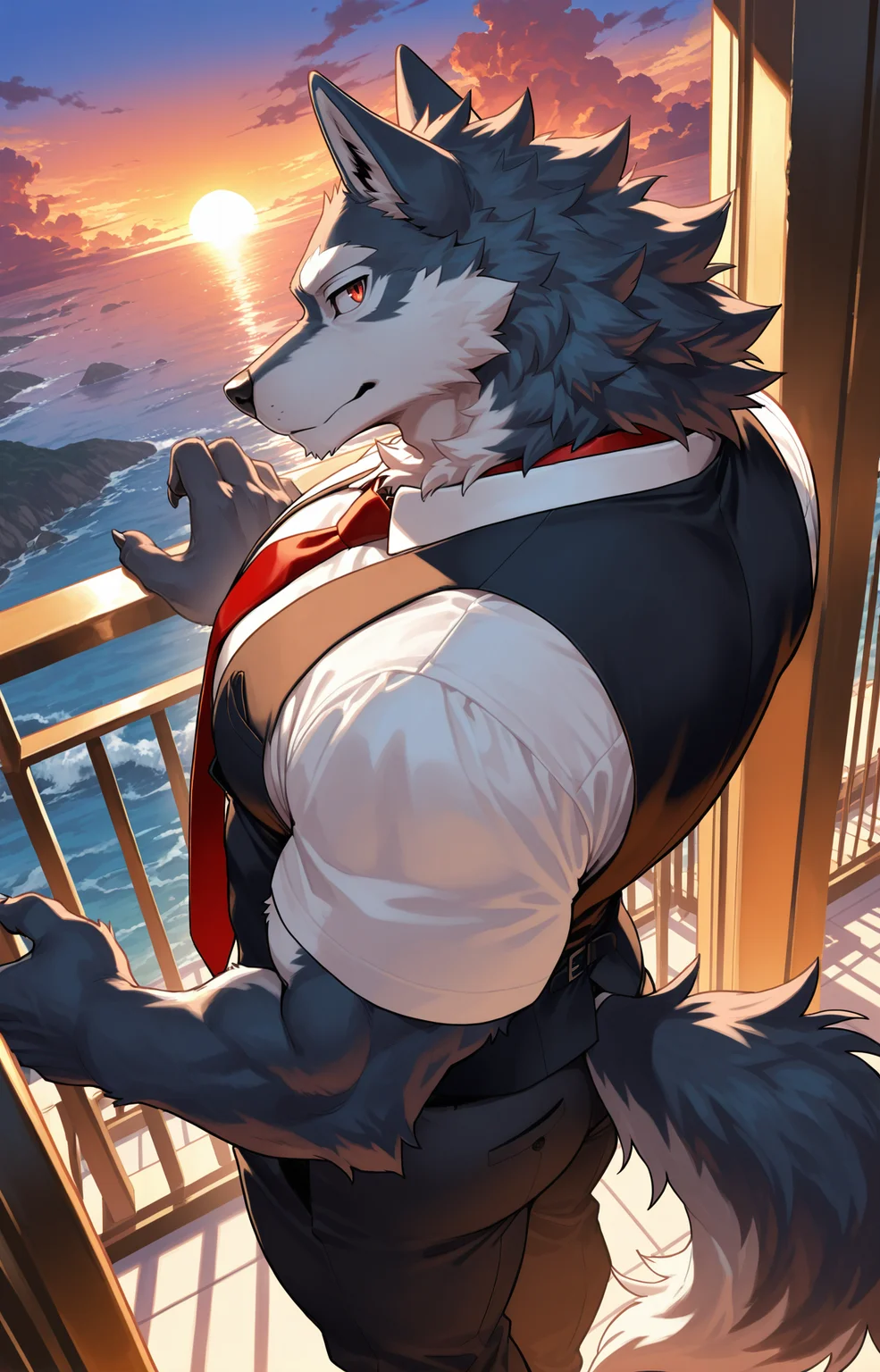 masterpiece,best quality,perfect quality,absurdres,newest,very aesthetic,male focus,furry,bara,muscular,broad shoulders,big pecs,perfect anatomy,tail,furry,fluffy fur,fur texture,
wolf,premium,luxury,VIP,open clothing,high-angle view,red eyes,looking at viewer,black vest,dark royal blue fur,short sleeve,balcony,wolf tail,tie,suit pants,sunset,high-rise scenery,detail background,5finger,claw,(back to you),