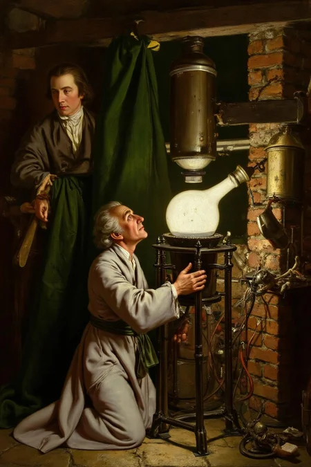 josephwright1 painting.
A scene at an alchemist's laboratory.
An elderly man in a robe kneels and looks up at a large white glass container placed on a stand.
On the left, another person, partially obscured, observes the scene. Various objects, including a green curtain, a brick wall, and metal containers, are in the setting.
<lora:josephwright1_cap_d6a3e12:1.0><lora:849117430205691775:0>