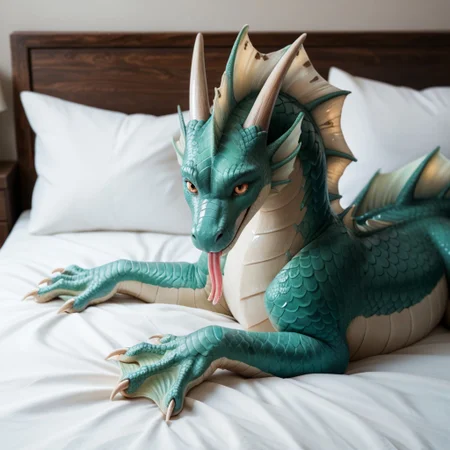 score_9, score_8_up, score_7_up, score_6_up, score_5_up, score_4_up, masterpiece, high quality, realistic, detailed, best quality, white bed, solo, rating_safe, source_furry, bedroom, smiling, seductive, looking at viewer, lying on belly, AquaticDragon, dragon, scales, head frill, head crest, ear frill, tail fin, webbed hands, webbed feet, aquatic dragon, aquatic scales, green scales, white frill, white underbelly, 1girl, female, feral, close up,