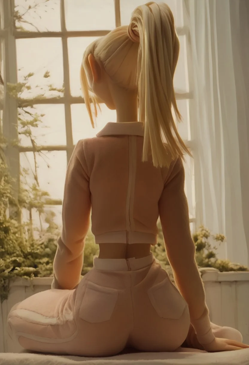 Score_9_up, score_8_up, score_7_up, 1girl, solo, cbock, blonde hair, Ponytail
pink jacket, pink gympants, 3/4 view
full body, sexy pose, sitting, back view