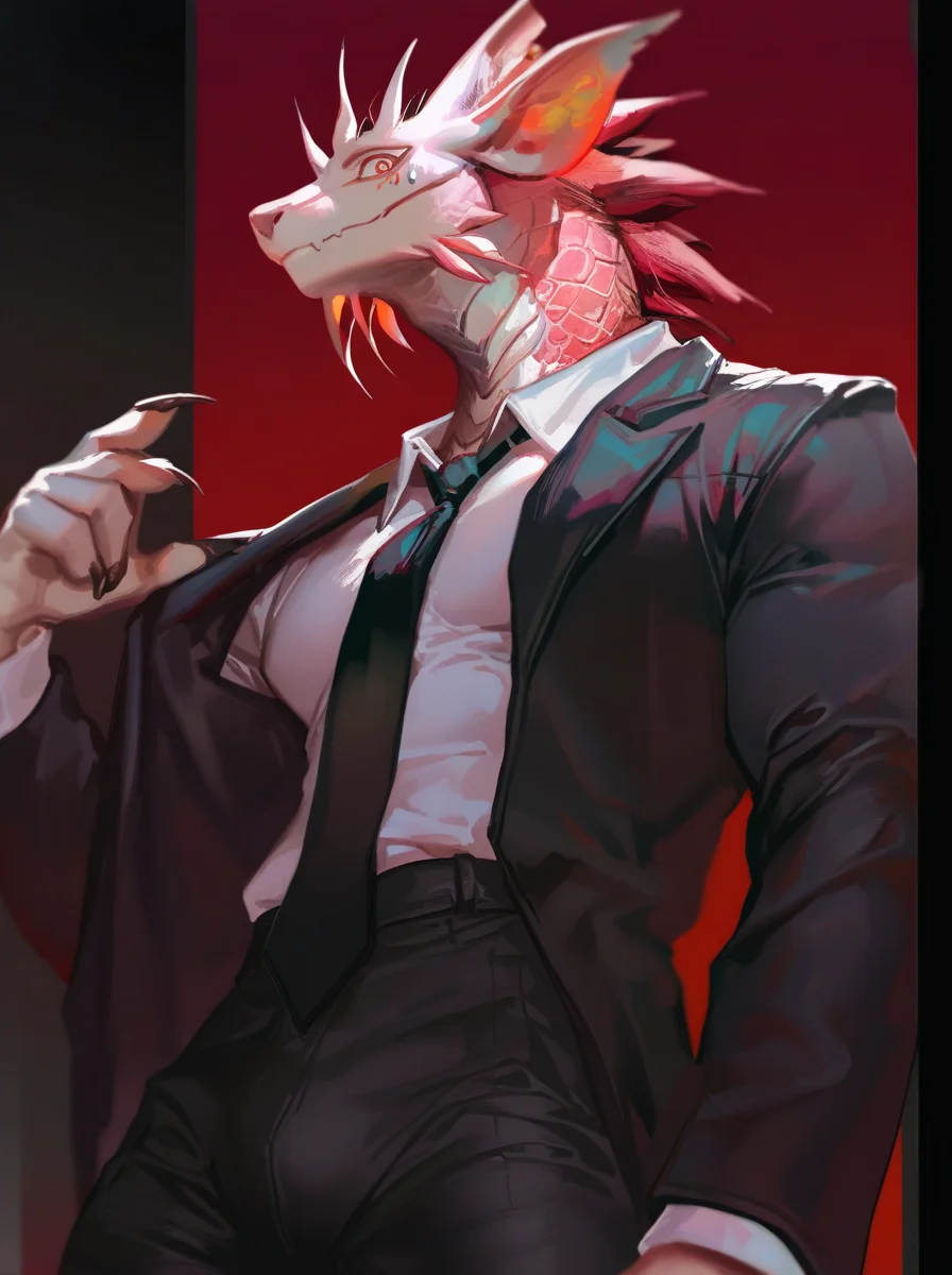 (quasarcake:0.25),(nixeu:0.35),(pigeon666:0.15),(pottsness:0.45),(yamakawa:0.55),(ask \(askzy\):0.55),solo,higashiyama kobeni,(chainsaw man:1.1),black jacket,sweatdrop,closed mouth,black necktie,black pants,black suit,collared shirt,hair ornament,hairclip,jacket,looking at viewer,necktie,pants,shirt,red background,single sidelock,white shirt,from below,white pillarboxed,argyle,Gradient background,
masterpiece,best quality,very aesthetic,highres,absurdres,sensitive,
<lora:MIZUTSUNE-ILL-ADAM-V3-000018>,mizu,dragon boy,1boy,male focus,1boy,furry,furry male,bara,muscular,muscular male,