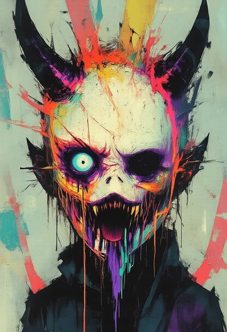 (PosingDynamicsDaal, pixel style, highly detailed, hyper realistic) This digital painting depicts an intense, atmospheric portrait featuring a surreal skeletal figure with a pale, gaunt face. The extreme close-up focuses on a single glowing pale green eye embedded within smooth bone, surrounded by exaggerated dark violet markings, with bold streaks of copper and turquoise running from the eye like smeared paint. The stark white skull contrasts with abstract streaks of pastel yellow, electric blue, and iridescent rose flowing across the forehead and jaw, forming organic ripple-like patterns. The jagged mouth is filled with polished silver teeth, adding an unsettling elegance. Fine obsidian black lines accentuate the bone structure, enhancing the sinister expression. Two large, curved dark teal horns extend upward and outward from the head, engraved with subtle geometric patterns. Wisps of shadowy hair streaked with neon lime and sapphire sweep across the figure, blending into abstract swirling textures that dissolve into the borderless, ethereal background. There is no visible background — only seamless gradients of soft cyan, faded coral haze, and shimmering gold streaks that flow outward, immersing the skeletal face in an endless surreal dreamscape. The composition is painted with fluid, textured brush strokes, emphasizing emotional depth and surreal beauty.