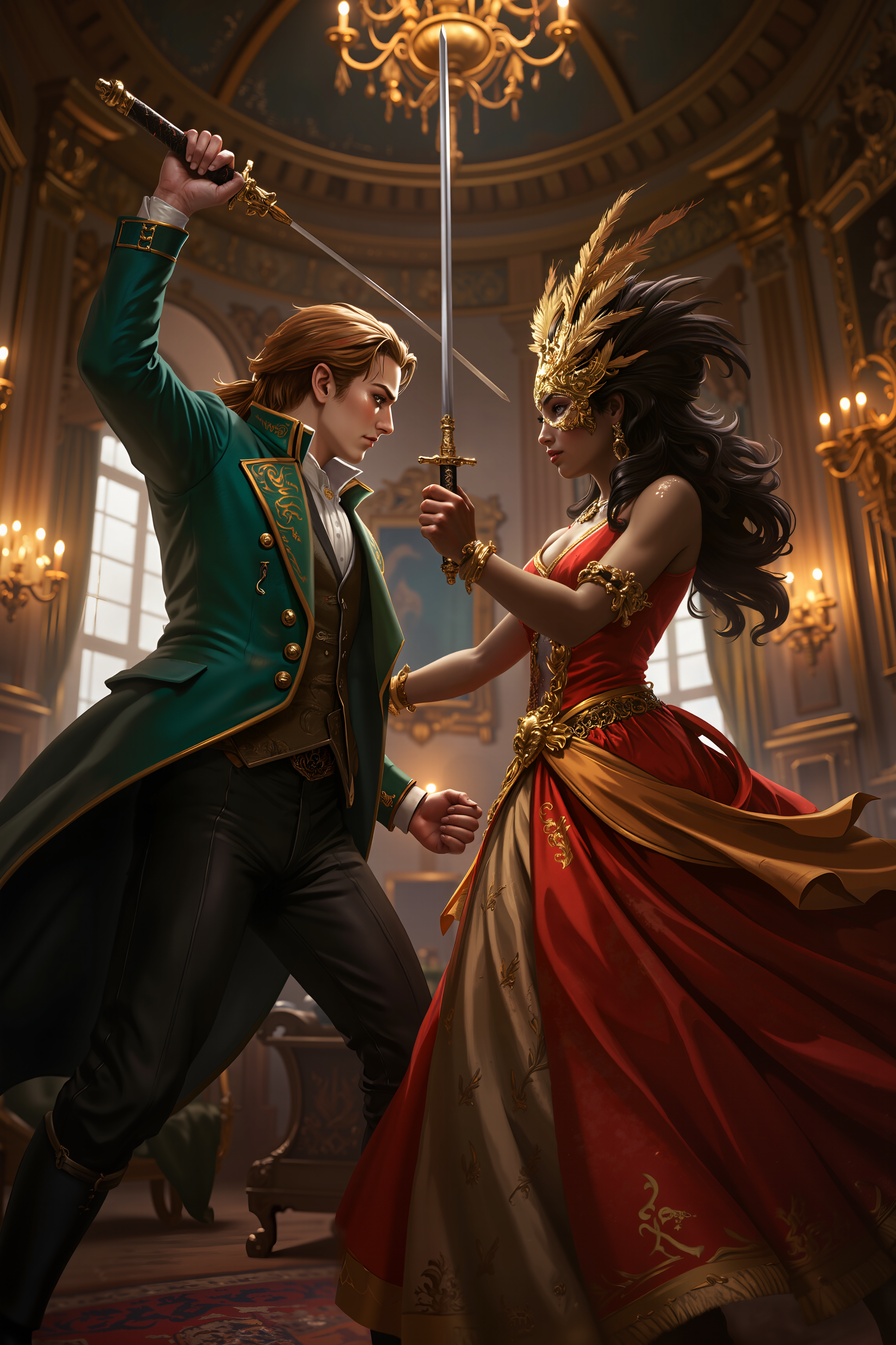 In the heart of a grand European ballroom, a pale-skinned man with slick auburn hair and an emerald-green frock coat raises a gilded rapier, his masked face betraying a sly smirk. Opposite him, a dark-skinned woman with thick, coiled black hair tucked beneath a golden feathered mask holds a matching rapier, her voluminous red-and-gold gown shimmering in the candlelight. Their blades are poised mid-strike, the elaborate mirrors and chandeliers around them reflecting the elegance of their duel. Their eyes lock through the ornate masks, a silent challenge exchanged between them<lora:XRSTYLE_FLUX:0.5><lora:black_fantasy_1.0:0.5><lora:FluxDFaeTasticDetails:0.7>