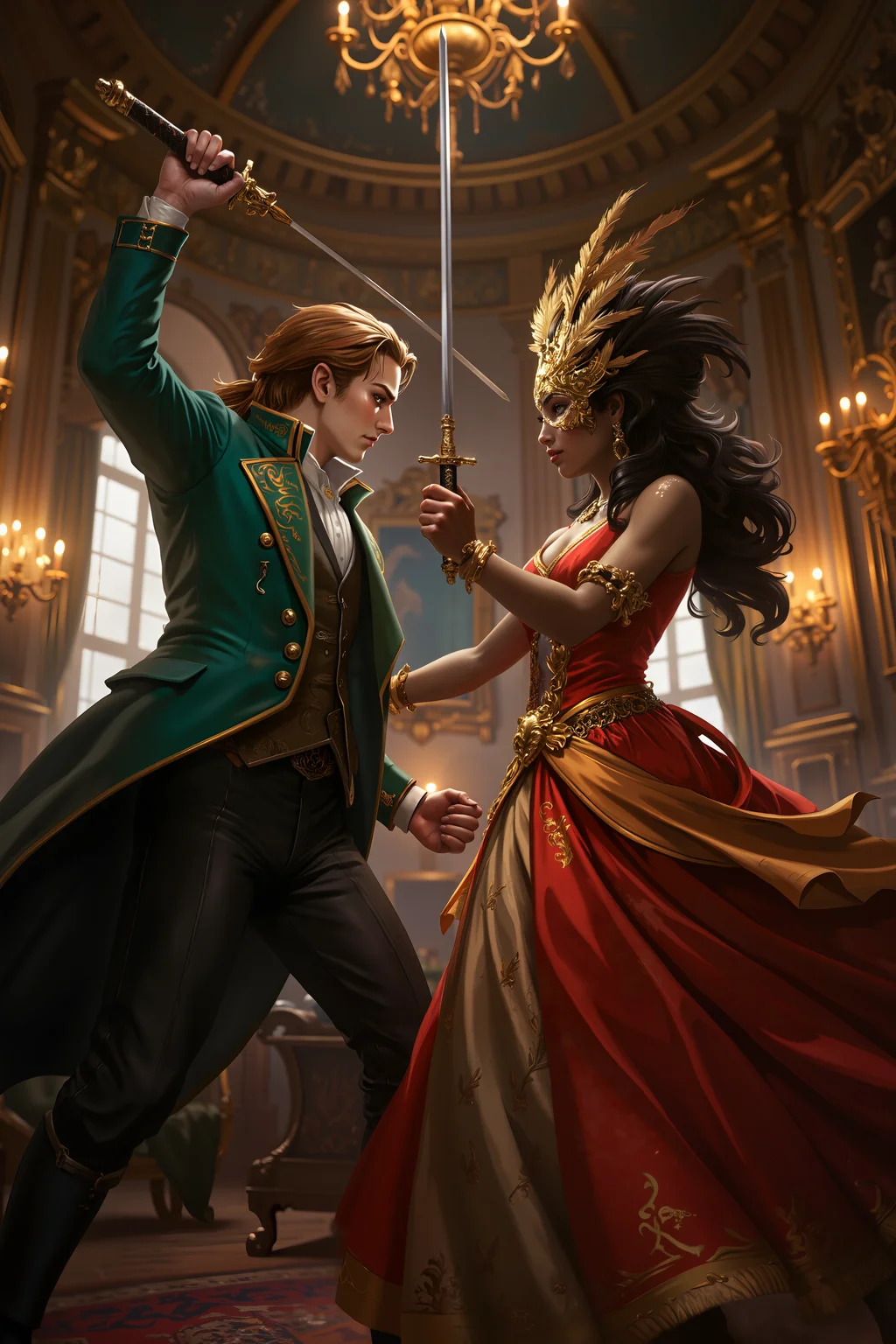 In the heart of a grand European ballroom, a pale-skinned man with slick auburn hair and an emerald-green frock coat raises a gilded rapier, his masked face betraying a sly smirk. Opposite him, a dark-skinned woman with thick, coiled black hair tucked beneath a golden feathered mask holds a matching rapier, her voluminous red-and-gold gown shimmering in the candlelight. Their blades are poised mid-strike, the elaborate mirrors and chandeliers around them reflecting the elegance of their duel. Their eyes lock through the ornate masks, a silent challenge exchanged between them<lora:XRSTYLE_FLUX:0.5><lora:black_fantasy_1.0:0.5><lora:FluxDFaeTasticDetails:0.7>