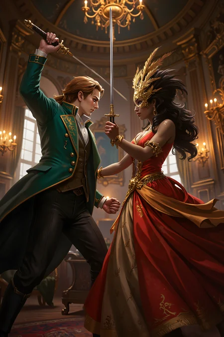 In the heart of a grand European ballroom, a pale-skinned man with slick auburn hair and an emerald-green frock coat raises a gilded rapier, his masked face betraying a sly smirk. Opposite him, a dark-skinned woman with thick, coiled black hair tucked beneath a golden feathered mask holds a matching rapier, her voluminous red-and-gold gown shimmering in the candlelight. Their blades are poised mid-strike, the elaborate mirrors and chandeliers around them reflecting the elegance of their duel. Their eyes lock through the ornate masks, a silent challenge exchanged between them<lora:XRSTYLE_FLUX:0.5><lora:black_fantasy_1.0:0.5><lora:FluxDFaeTasticDetails:0.7>