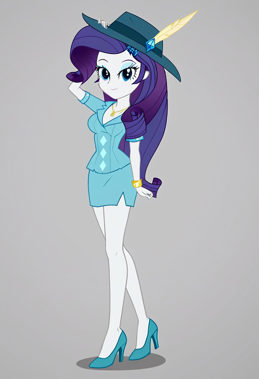 Score_9, Score_8_up, Score_7_up, Volumetric lighting, Rarity, equestria, detective rarity, Pastel blue dress, hat, high heels, Full body, One person, 1 girl, alone, Short thigh-length dress, Green high heel shoes, Sexy and sensual pose, short dress with sleeves, Seductive and flirtatious look, Sexy and sensual model body, Standing, Posing sexy and sensual, modeling, Very big breasts, equestria girls