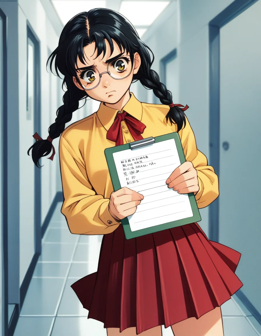 score_9, score_8_up, score_7_up, <lora:peridot-voice-ponyxl-000022:0.8> a0bak3i, black hair, glasses, twin braids, school uniform, yellow shirt, red ribbon, pleated skirt, red skirt, miniskirt,
1girl, solo, holding clipboard, hugging object, looking down, annoyed, hallway, school