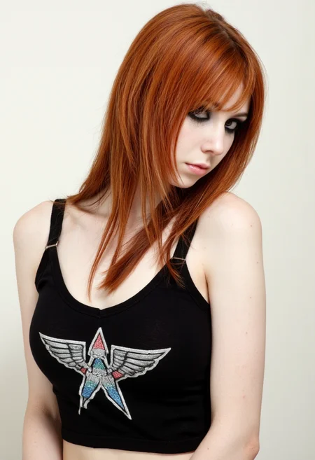 A cute tall, thin, irish 18 year old woman, with long ginger hair. Wearing a sleeveless rock band tshirt crop top