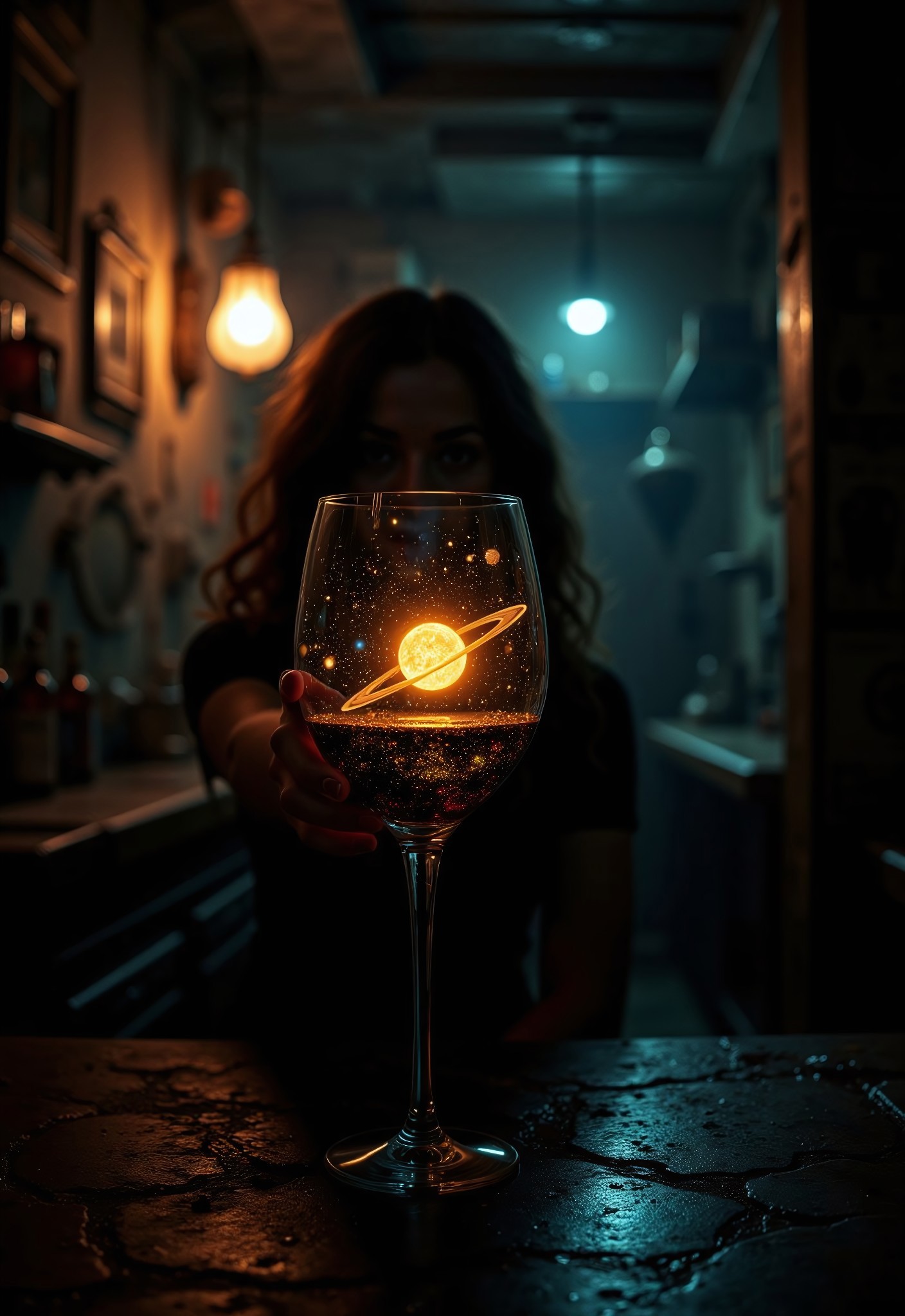 aidmaimageupgrader, they glow at night, a high quality digital image of a highly detailed dank old bar, the bar is dark and grimy with lots of shadows, we see a woman mostly hidden by shadow holding up a wine glass for inspection,  the glass contains an intricately detailed solar system