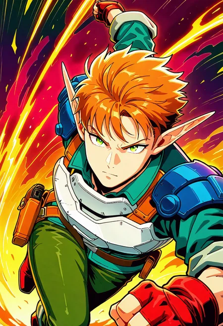 masterpiece, best quality, amazing quality, very aesthetic, absurdres, newest, 1boy, male, arthuffl3, brown-orange hair, green eyes, with long elf ears, blue shoulder pads, white breastplate, sci-fi military shirt, green jeans, belt with holster, red fingerless gloves, red boots, ((action pose)), close up, looking at viewer