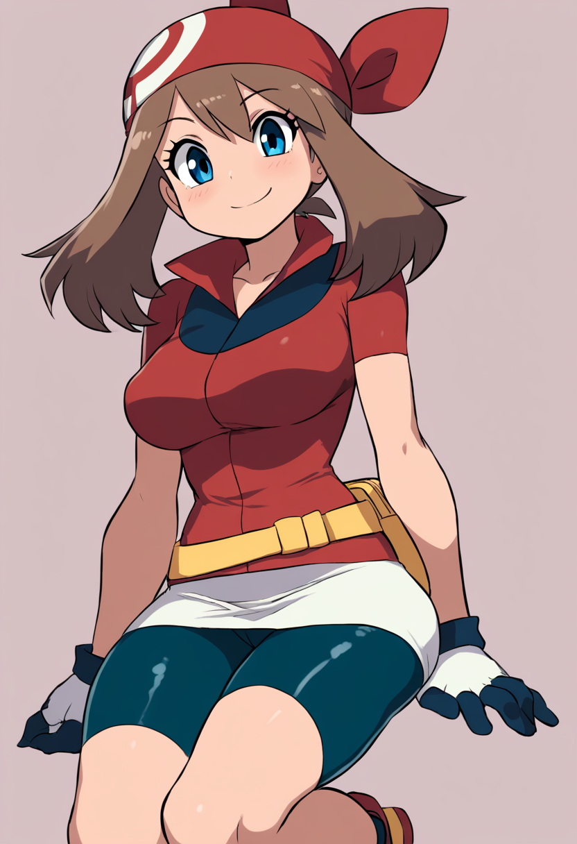 (masterpiece, best quality, good quality, very aesthetic, absurdres, newest:1.2),  zzMay, solo, brown hair, blue eyes, medium hair,   red shirt, bike shorts, red bandana, red shirt, gloves,  white miniskirt, yellow belt,  ,     <lora:MayPokemon_NAI:1.0>, , smile, looking at viewer, cowboy shot,  <lora:ZankuroStyle_NAI:1.0>,