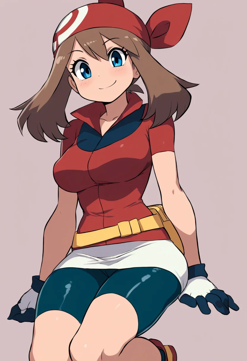 (masterpiece, best quality, good quality, very aesthetic, absurdres, newest:1.2), zzMay, solo, brown hair, blue eyes, medium hair, red shirt, bike shorts, red bandana, red shirt, gloves, white miniskirt, yellow belt, , <lora:MayPokemon_NAI:1.0>, , smile, looking at viewer, cowboy shot, <lora:ZankuroStyle_NAI:1.0>,