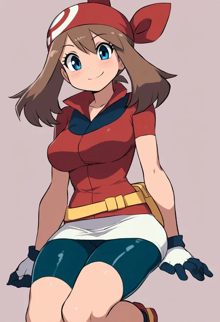 (masterpiece, best quality, good quality, very aesthetic, absurdres, newest:1.2), zzMay, solo, brown hair, blue eyes, medium hair, red shirt, bike shorts, red bandana, red shirt, gloves, white miniskirt, yellow belt, , <lora:MayPokemon_NAI:1.0>, , smile, looking at viewer, cowboy shot, <lora:ZankuroStyle_NAI:1.0>,