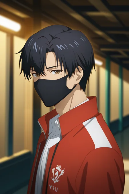 masterpiece, best quality, amazing quality, very aesthetic, high resolution, ultra-detailed, absurdres, newest, scenery, volumetric lighting, depth of field,anime screencap, , , 1boy, solo, male focus, <lora:yexiu:0.90>Ye Xiu, black hair,brown eyes, short hair,Looking at viewer,jacket, upper body, collared shirt, blurry, open jacket, blurry background,black mask, red jacket,esport jacket, track clothes, mouth mask, covered mouth,from side
