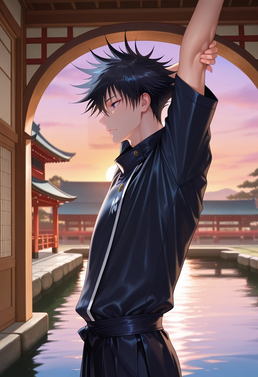 masterpiece, best quality, , semi-realistic, , 1boy, solo, male focus, <lora:megumi_fushiguro_ilxl:0.92>, megumi_fushiguro, black hair, black eyes, spiked hair, short hair, bangs, hair between eyes, , profile, pond, arch, japanese architecture, dusk, stretching, wavy mouth, closed mouth, decade costume