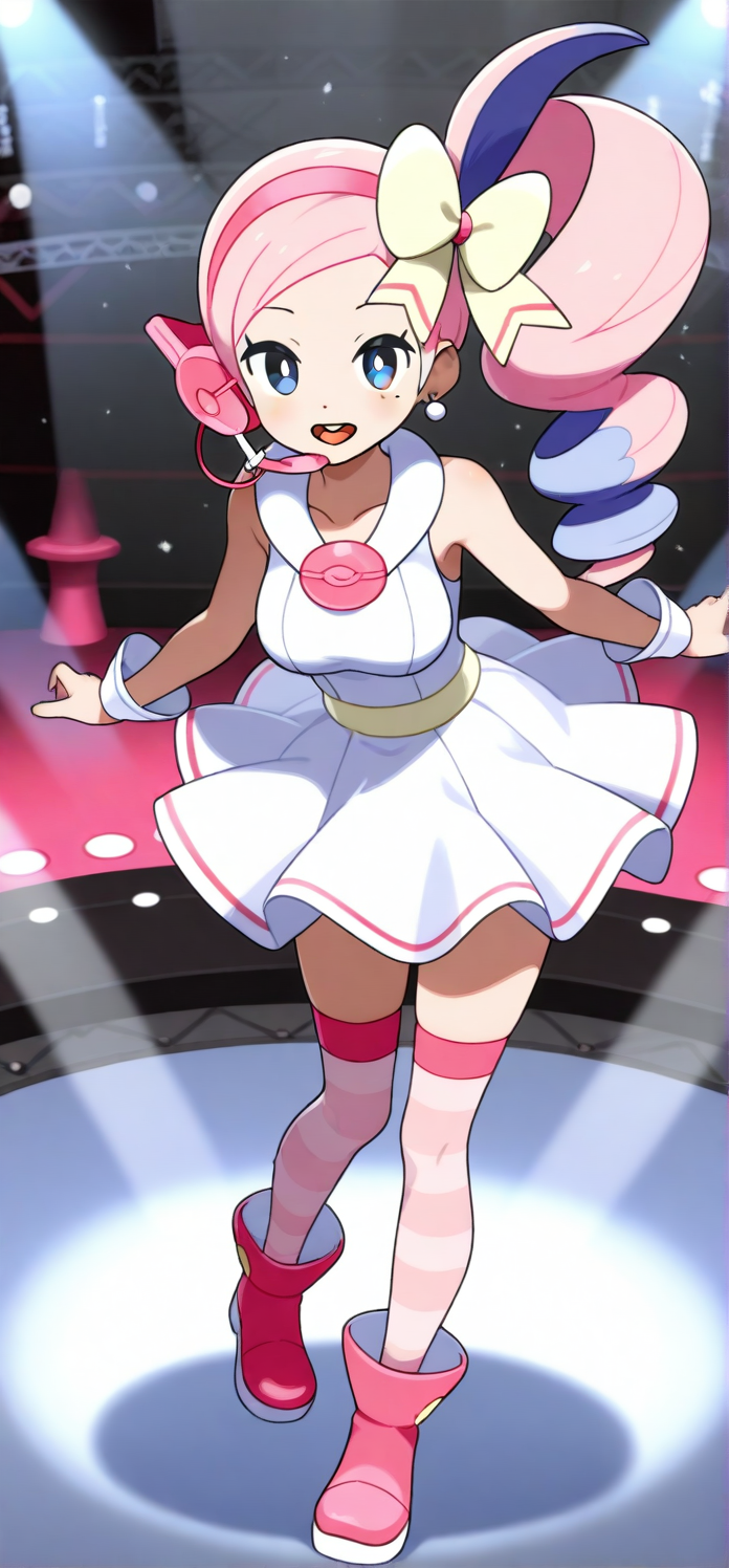 2d, masterpiece, best quality, amazing quality, highres, absurdres, newest, 1girl, solo, looking at viewer, stage, spotlight, medium breasts, bwnancy, yancy \(pokemon\), blue eyes, white pupils, mole under eye, pink hair, blue hair, multicolored hair, collarbone, bare shoulders, side ponytail, drill hair, hair bow, yellow bow, headset, earrings, hairband, sleeveless dress, wrist cuffs, skirt, white dress, open mouth, striped thighhighs, ankle boots, pink footwear