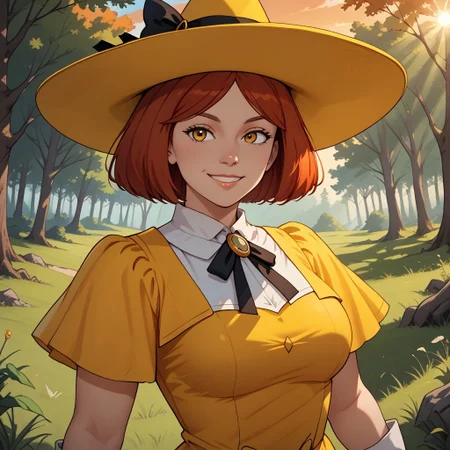score_9, score_8, BREAK, 1girl, solo, Madeline, yellow hat with a black hair bow, yellow dress, white gloves, red hair, adult female, mature female, breasts, sexy pose, self portrait, smile, outdoors, sunlight, shadows, evening lighting, natural lighting, forest, trees, grass, orange sky, sunset