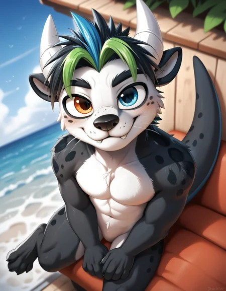 score_9, score_8_up, score_7_up, <lora:Dragotter.safetensors:0.65>, dragotter, solo, otter, body fur, male focus, 1boy, multicolored hair, furry, horns, blurry, blue hair, green hair, furry male, blurry background, two-tone hair, black hair, looking at viewer, smile, animal ears, green eyes, fangs, animal nose, freckles, blue eyes, spots, heterochromia, <lora:fix_hands.safetensors:1.0>, tail, (paws, black pawpads:1.15), digitigrade, barefoot, blush, looking at viewer (high angle, one-quarter portrait, reclining leaning forward, sea tornado:1.25)