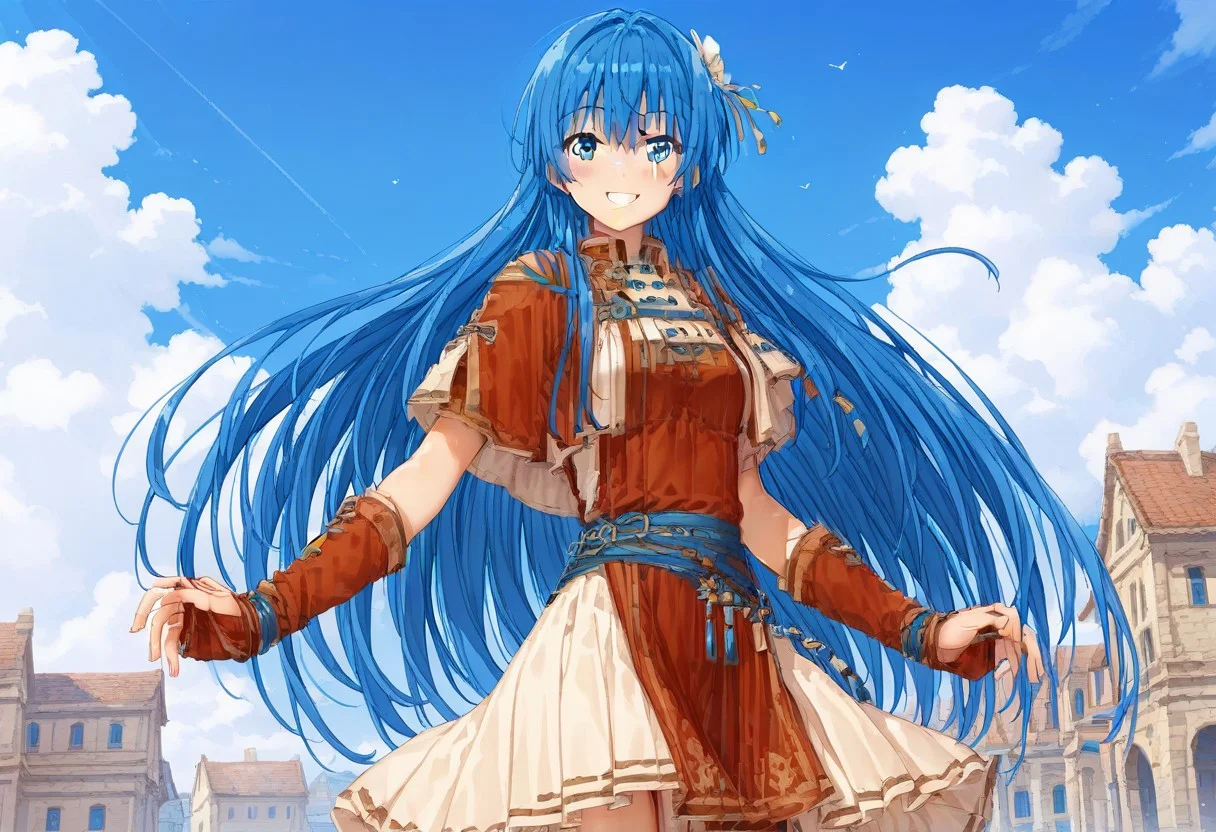 score_9, score_8_up, score_7_up, masterpiece, high quality, source_anime, 1girl, solo, cowboy shot, dutch angle, sky, smile, blush,
lilinafeh, blue eyes, blue hair, long hair,