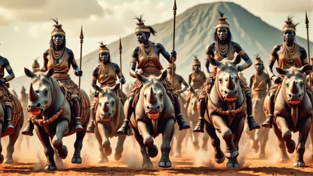Real photograph of an army of African warrior women, black skin, Nubian, beautiful, breathtaking, athletic, (small breasts:1.4), earrings, necklace, wrist bands, dangerous, fierce, determined, battle hardened, mounted atop angry and ferocious rhinoceros, cavalry charging into battle with lowered spears, shields and spears bearing war decorations, fierce angry painted faces full of rage, yelling fierce war cries, African Savannah with mount Kilimanjaro in the background, intricate details, masterpiece, elegant, complex patterns, (full body shot from head to toe:1.6), environmental wide angle, dramatic and dynamic morning lighting, intense atmosphere, <BaroqueColorful:0.72>