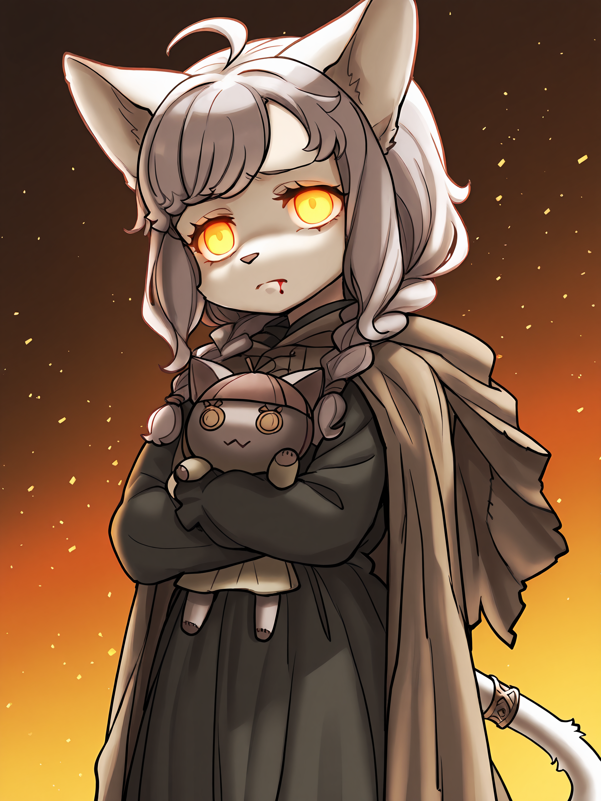 BREAK, <lora:Sheena_Falafel:1>, Sheena Falafel, Fuga: Melodies of Steel, kemono, furry female, young female, 1girl, cat girl, white fur, grey eyes, pastel blue hair, long hair, ahoge, bangs, sidelocks, animal ears, cat ears, animal nose, pink nose, cat tail, tail ornament, braided anklet, Fuga 1 appearance, twin braids,
BREAK, Fuga 1 Outfit, claws, black dress, brown cloak,
BREAK, Bleuette, Bleuette doll, character doll, stuffed cat, holding doll, holding object,
BREAK, solo, injured, blood from mouth, blood from arm, hero mode, glowing eyes, frown, concentrated, determined, sad,