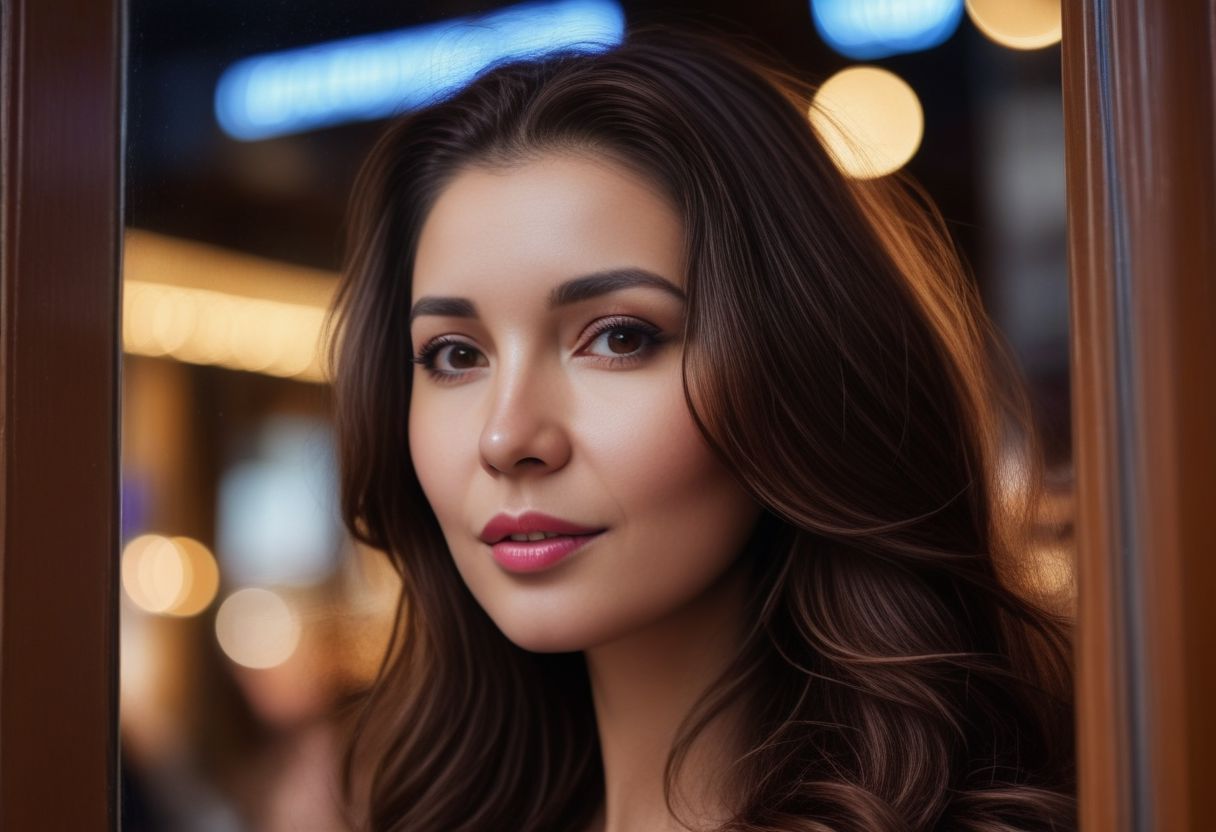 Stylish woman AngeliqueA, street photography shot, long brown hair, capturing her reflection in a bookstore glass frontdoor, upper body framing, on a Parisian street, neon lighting, shot from a low angle, (bokeh effect:1.2), ultra realistic
