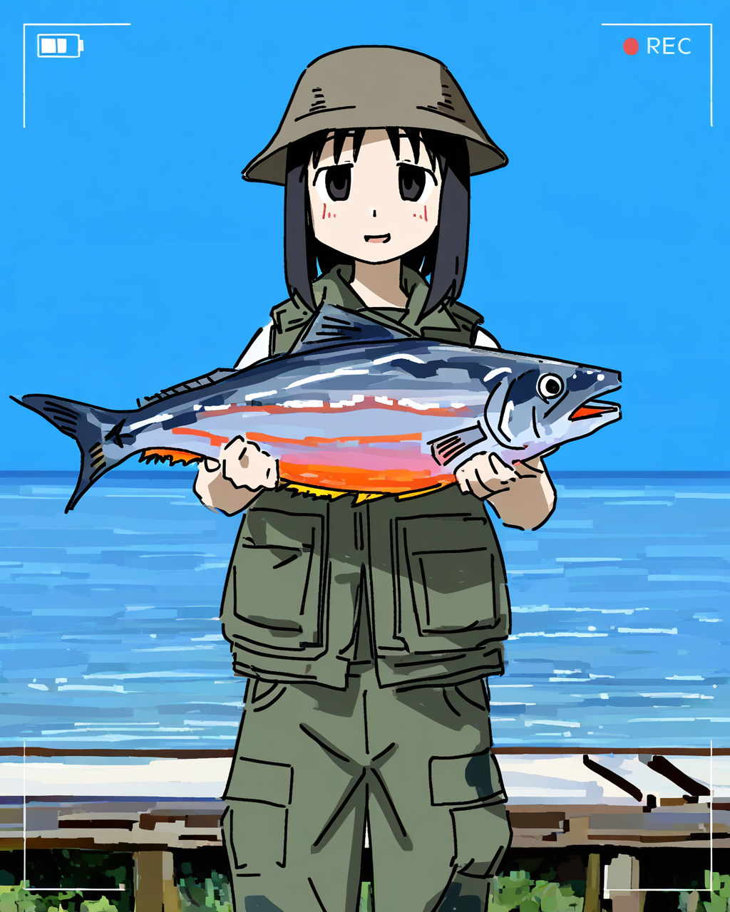 best quality, very aesthetic, very awa, simple background, outdoors, day, blue sky, pier, sea BREAK
1girl, solo,  kasuga ayumu, azumanga daioh, standing,  half-closed eyes,  holding fish, parted lips, smile, fish, camouflage, cargo pants, vest,  looking at viewer,  viewfinder, boonie hat, blush, salmon, 
<lora:prasetyoadii22:1>