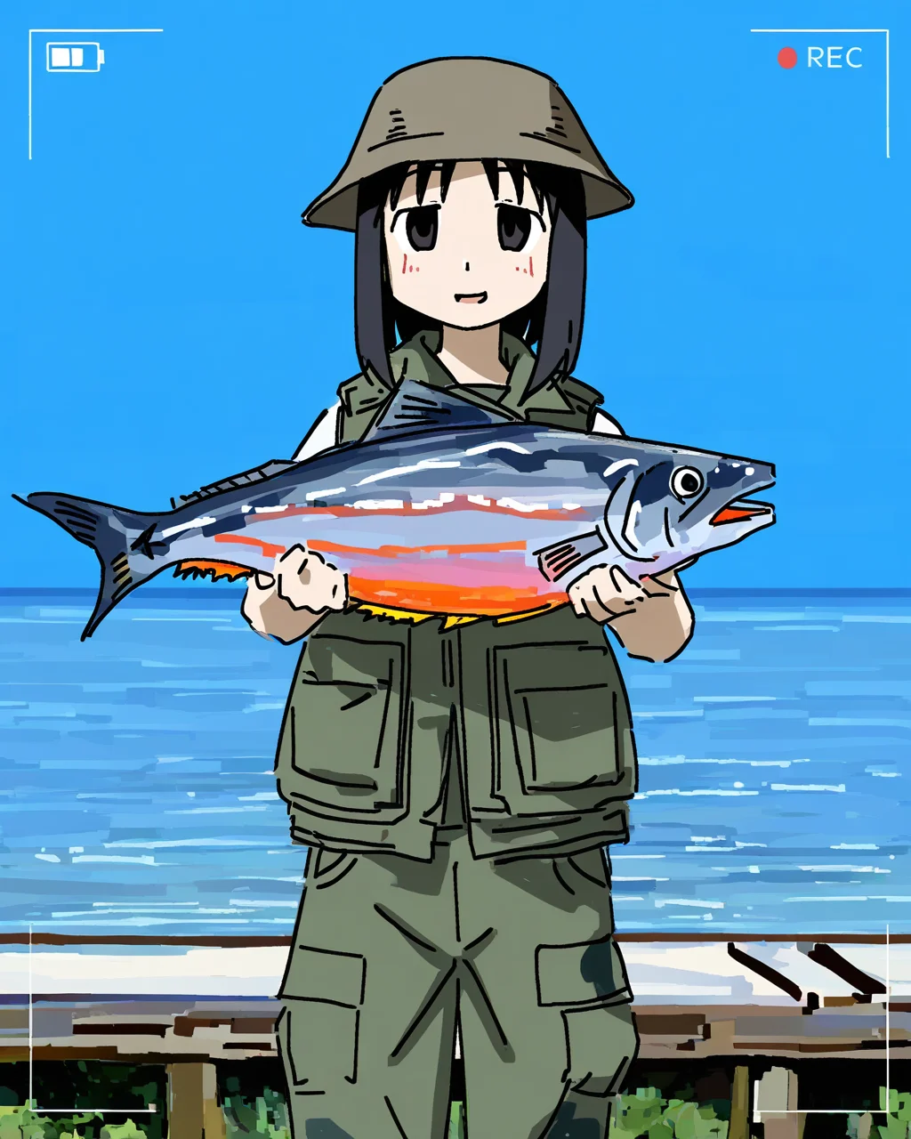 best quality, very aesthetic, very awa, simple background, outdoors, day, blue sky, pier, sea BREAK
1girl, solo, kasuga ayumu, azumanga daioh, standing, half-closed eyes, holding fish, parted lips, smile, fish, camouflage, cargo pants, vest, looking at viewer, viewfinder, boonie hat, blush, salmon,
<lora:prasetyoadii22:1>