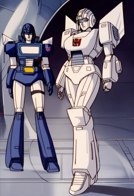 score_9, score_8_up, score_7_up, animation, transformers, 1girl, robot, Decepticon, Tall, slim, Seeker, Starscream glowing eyes, blue eyes, large eyes, circular eyes, white armor, Forard swept wings, transforms into futuristic Stelth Mig Fighter Jet, full body, cowboy shot, smiling, holding null ray blasters, Decepticon Symbol, outer leg armour wrapped around legs (curvy, wider at bottom, knee joint)
<lora:StarScream1.2:1>