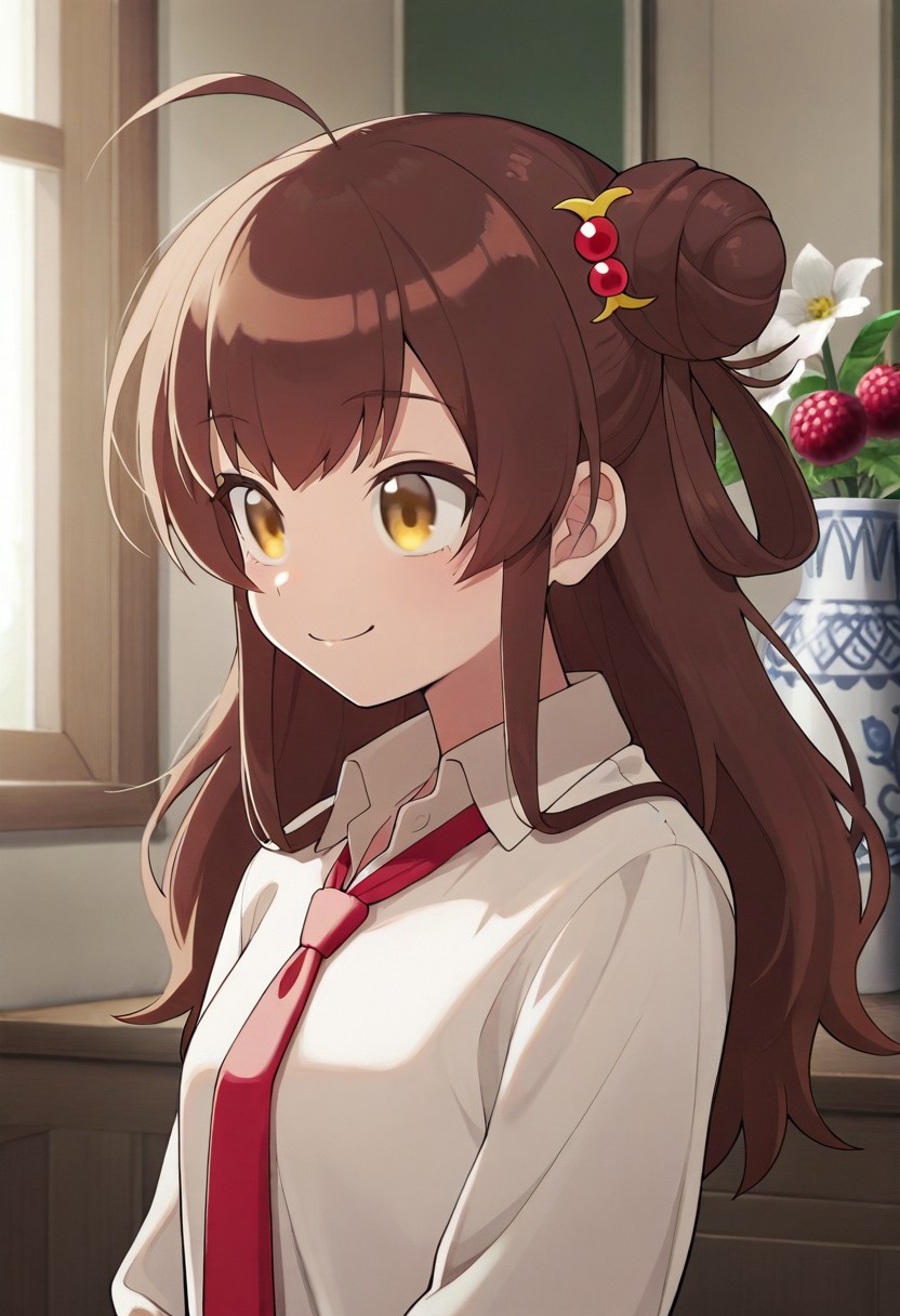masterpiece,best quality,amazing quality, raspberry meg, long hair, brown hair, golden eyes, hair bun, 1girl, necktie, solo, red necktie, smile, ahoge, vase, shirt, hair ornament, white shirt, indoors, flower, collared shirt