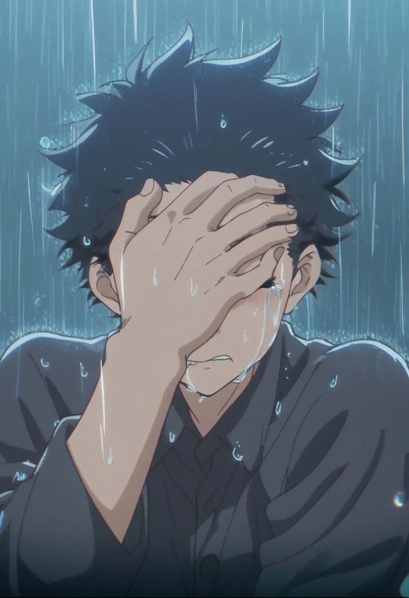 score_9, score_8_up, score_7_up, source_anime, rating_safe, Shoykoe, 1boy, male focus, anime screencap, closed eyes, crying, hand wiping tears, covering eyes, biting mouth, rain, not the extra finger T_T